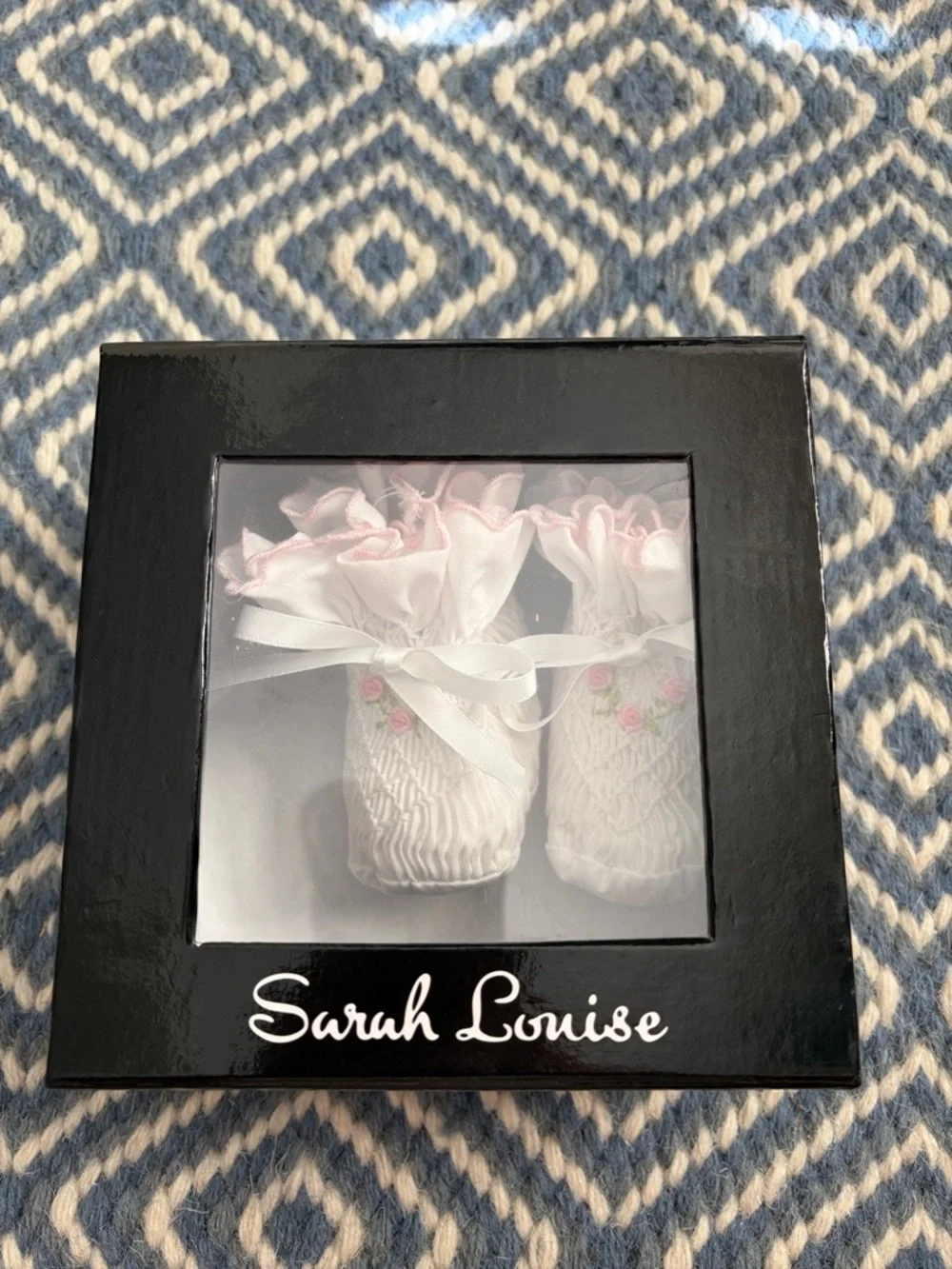 Sarah Louise White Baby Booties with Pink Trim and Rose Embroidery | size 0-6 m
